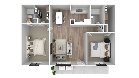 a 3d rendering of a bedroom with a bathroom and a living room